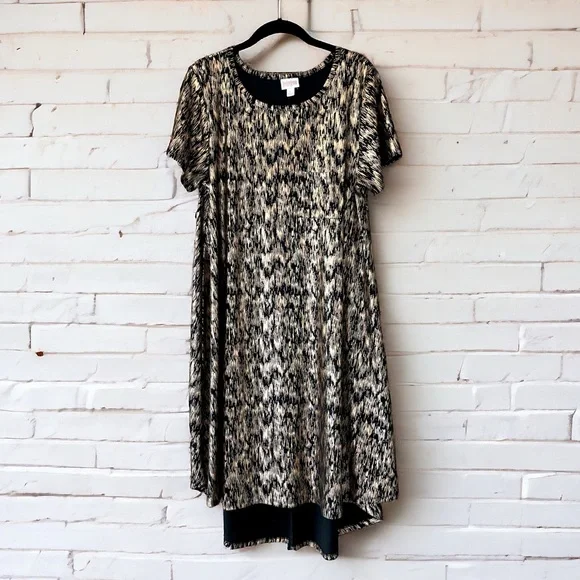 Lularoe Dresses | Lularoe Gold Shimmer Carly Swing Midi Dress Glitter Sparkle Black L | Color: Black/Gold | Size: L | Megdehlin's Closet Lularoe Dresses | Lularoe Gold Shimmer Carly Swing Midi Dress Glitter Sparkle Black L | Color: Black/Gold | Size: L | Megdehlin's Closet